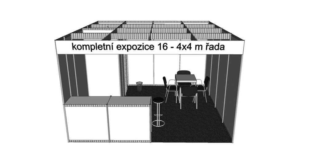 2019 Kompletní expozice obsahují: Obvodové stěny a příčky skládků z bílých panelů (Octanorm) skládek