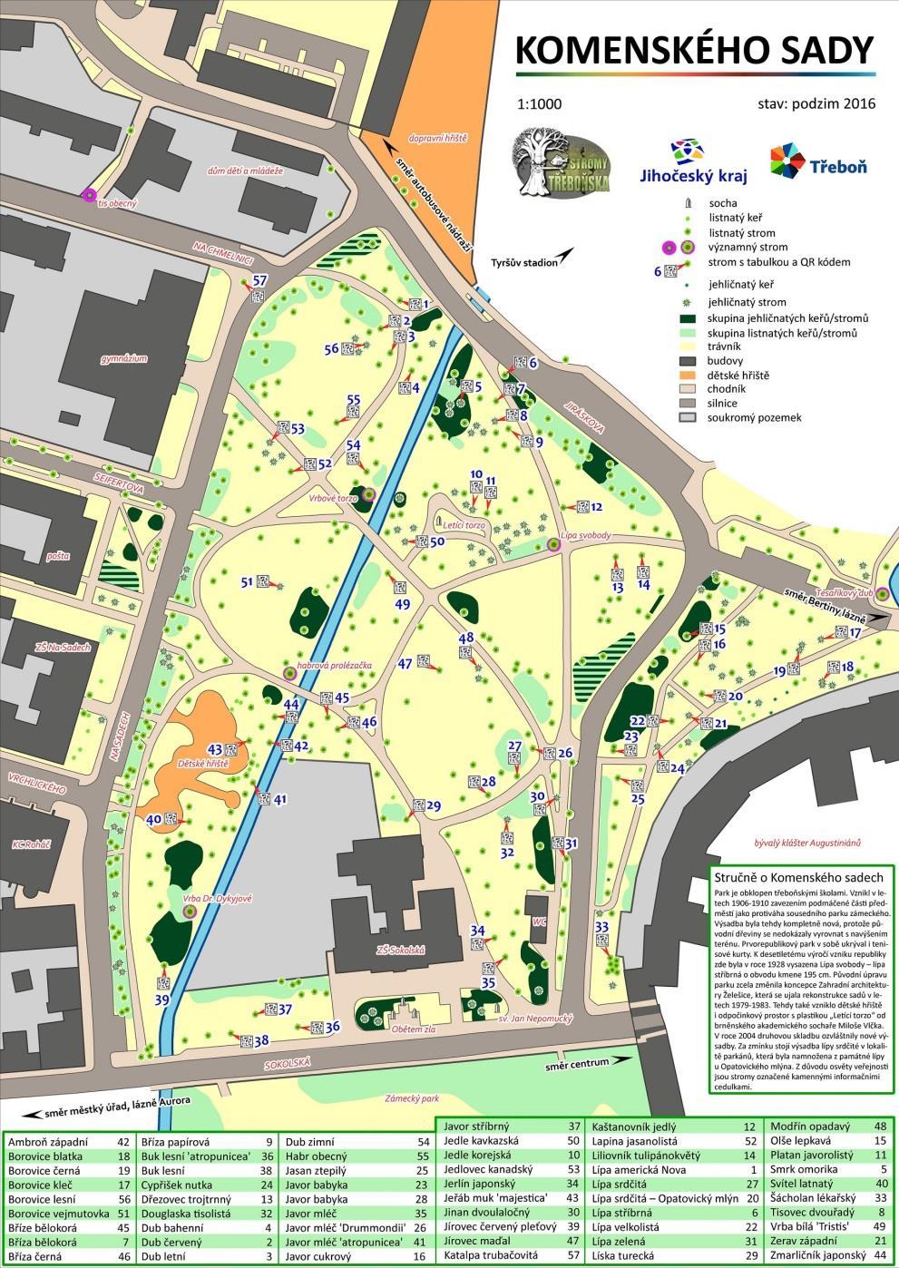 Mapa Komenského sadů s rozmístěním QR kódů ke stažení na webu www.stromytrebonska.cz Lázeňská kolonáda Nejvýznamnější částí této lokality je i veřejný prostor u Tylova domku.