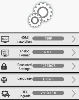 Nastavení systému přes telefon ACAST umožňuje nastavení výstupního rozlišení HDMI, analogového výstupního formátu videa, změna hesla/jazyku, a spuštění