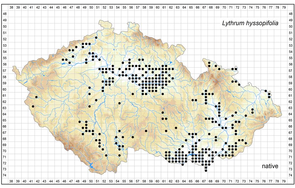 Distribution of Lythrum hyssopifolia in the Czech Republic Author of the map: Kateřina Šumberová Map produced on: 12-06-2018 Database records used for producing the distribution map of Lythrum