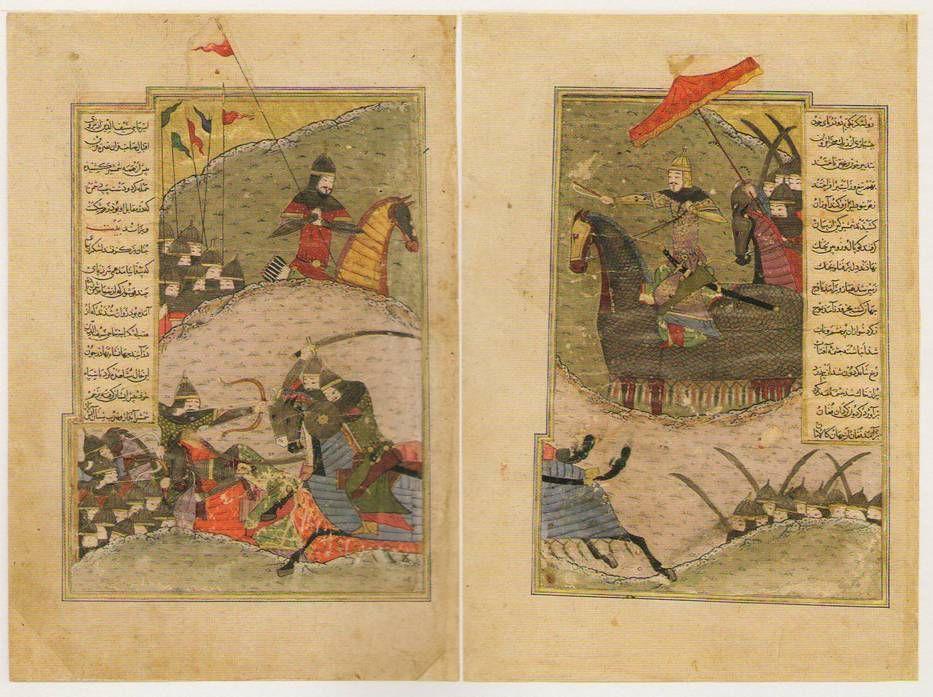Timur poráží Tuchtamiše ve Chwárizmu ilustrace ze Zafarnáme
