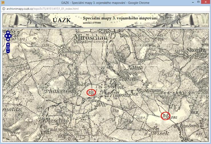 Obrázek 10: Příklad značek z.o. a z.s. ve III. vojenském mapování v okolí Příkosic (Zdroj: Mapový podklad: Speciální mapy III.