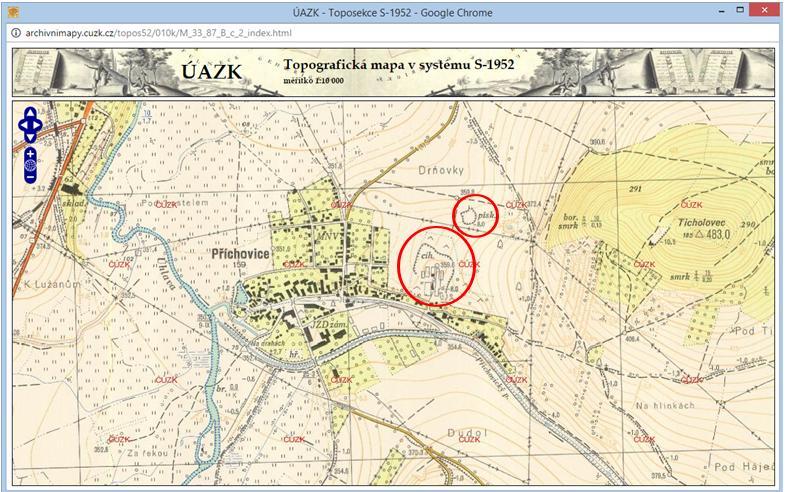 Tyto lokality jsem si poznamenala. Po prohledání všech listů příslušných k zadaným okresům jsem se přesunula do map TOPO S-1952.