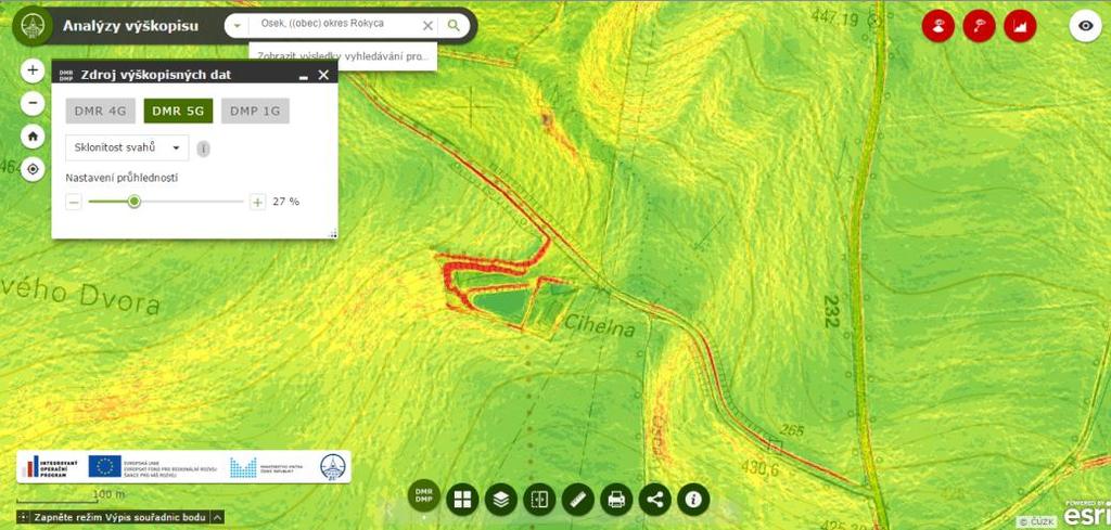Obrázek 14: Příklad získání sklonu svahu (cihelna u Oseka) (Zdroj: Mapový podklad: Základní mapa České republiky 1:10 000 a Digitální model reliéfu České republiky 5.