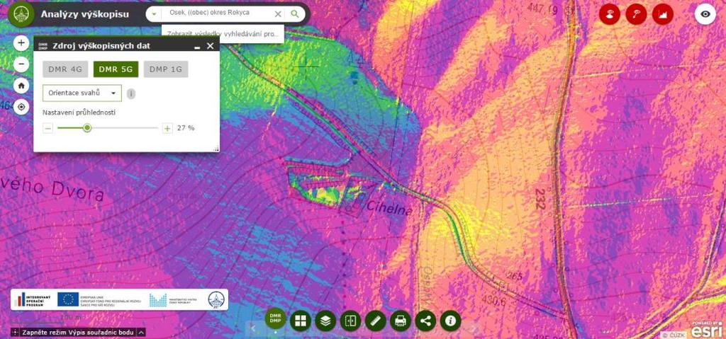 cz) Obrázek 15: Příklad získání orientace svahu (cihelna u Oseka) (Zdroj: Mapový podklad: Základní mapa České republiky 1:10 000 a Digitální model reliéfu České republiky 5.