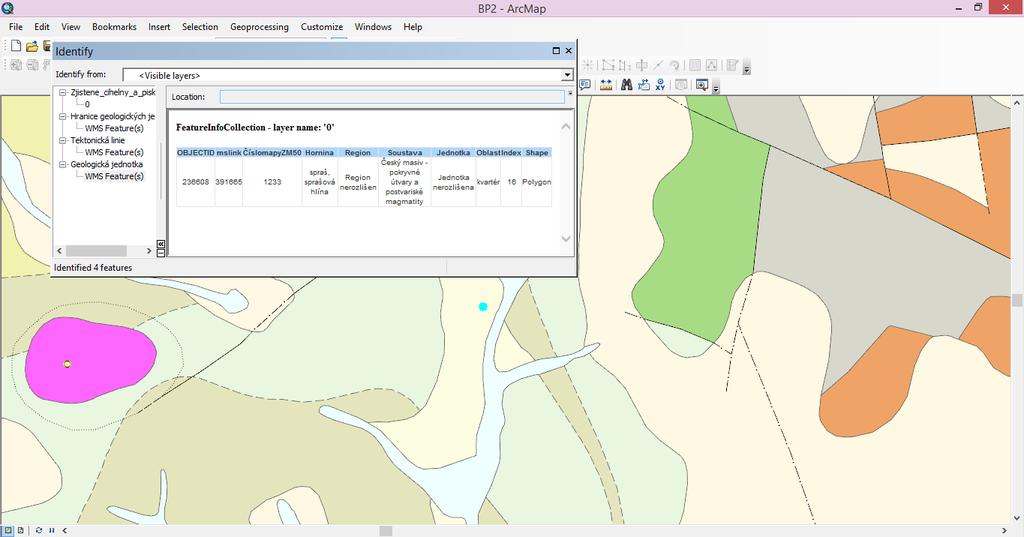 Obrázek 16: Zjištění geologického podloží pomocí nástroje Identify (cihelna u Oseka); (Geologická mapa 1:50 000 Česká geologická