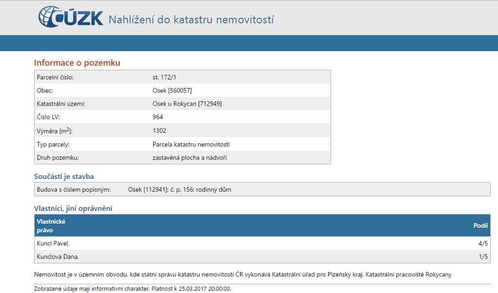 Obrázek 18: Příklad zjištění vlastnictví přes portál Nahlížení do katastru nemovitostí (cihelna u Oseka) (Nahlížení do katastru nemovitostí Český úřad zeměměřický a katastrální, www.cuzk.