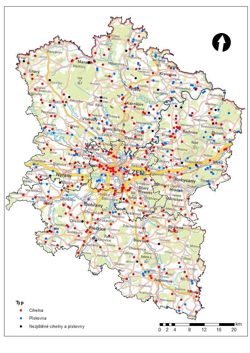 Obrázek 19: Mapa se zjištěnými cihelnami a pískovnami a s nezjištěnými cihelnami a pískovnami (Zdroj: Mapový
