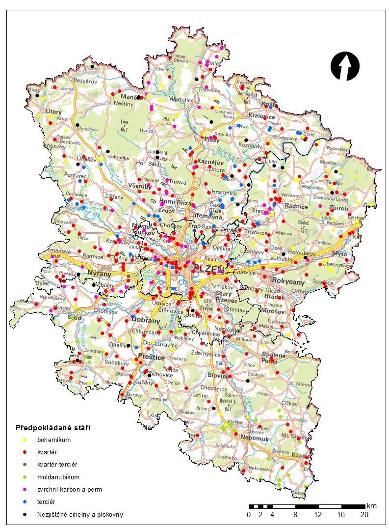 Obrázek 20: Mapa cihelen a pískoven s předpokládaným stářím (Zdroj: Mapový podklad: Přehledové