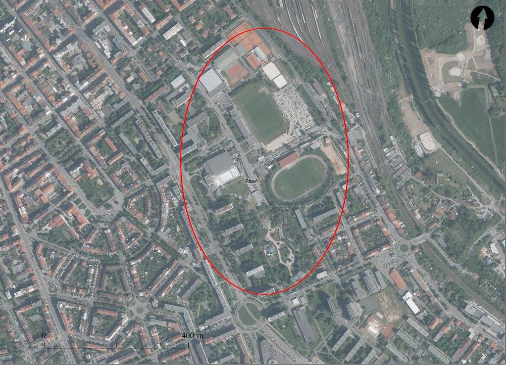 Obrázek 45: Cihelna v Plzni na Slovanech, ortofoto 2015 (Zdroj: Mapový podklad: Ortofoto České republiky Český úřad zeměměřický a katastrální, www.cuzk.