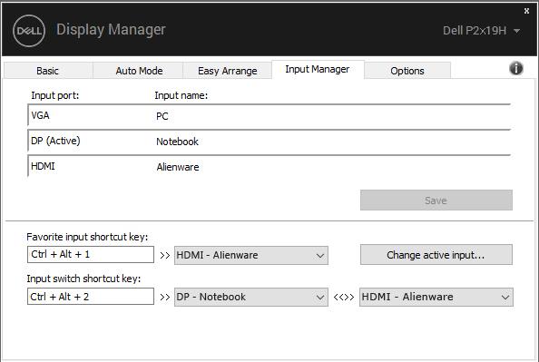 Správa více vstupů videa Karta Input Manager (Správce vstupů) umožňuje pohodlnou správu více vstupů videa připojených k vašemu monitoru Dell.