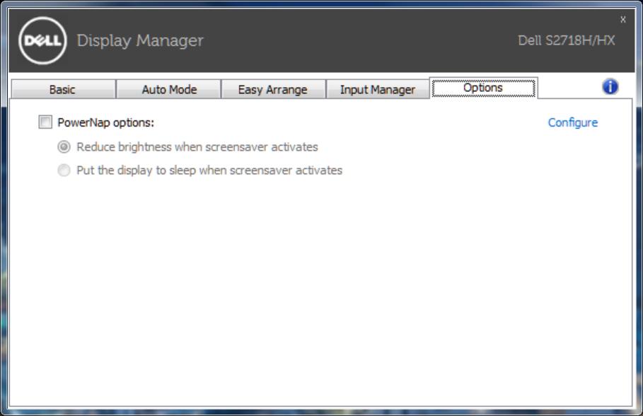 Používání funkcí pro úsporu energie U podporovaných monitorů Dell je k dispozici karta Options (Možnosti), která nabízí možnosti úspory energie PowerNap.
