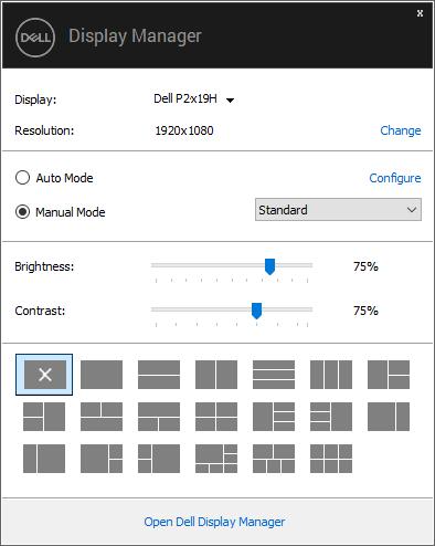 Používání dialogového okna Rychlá nastavení Kliknutím na ikonu nástroje Dell Display Manager v oblasti upozornění se spustí dialogové okno Quick Settings (Rychlá nastavení).