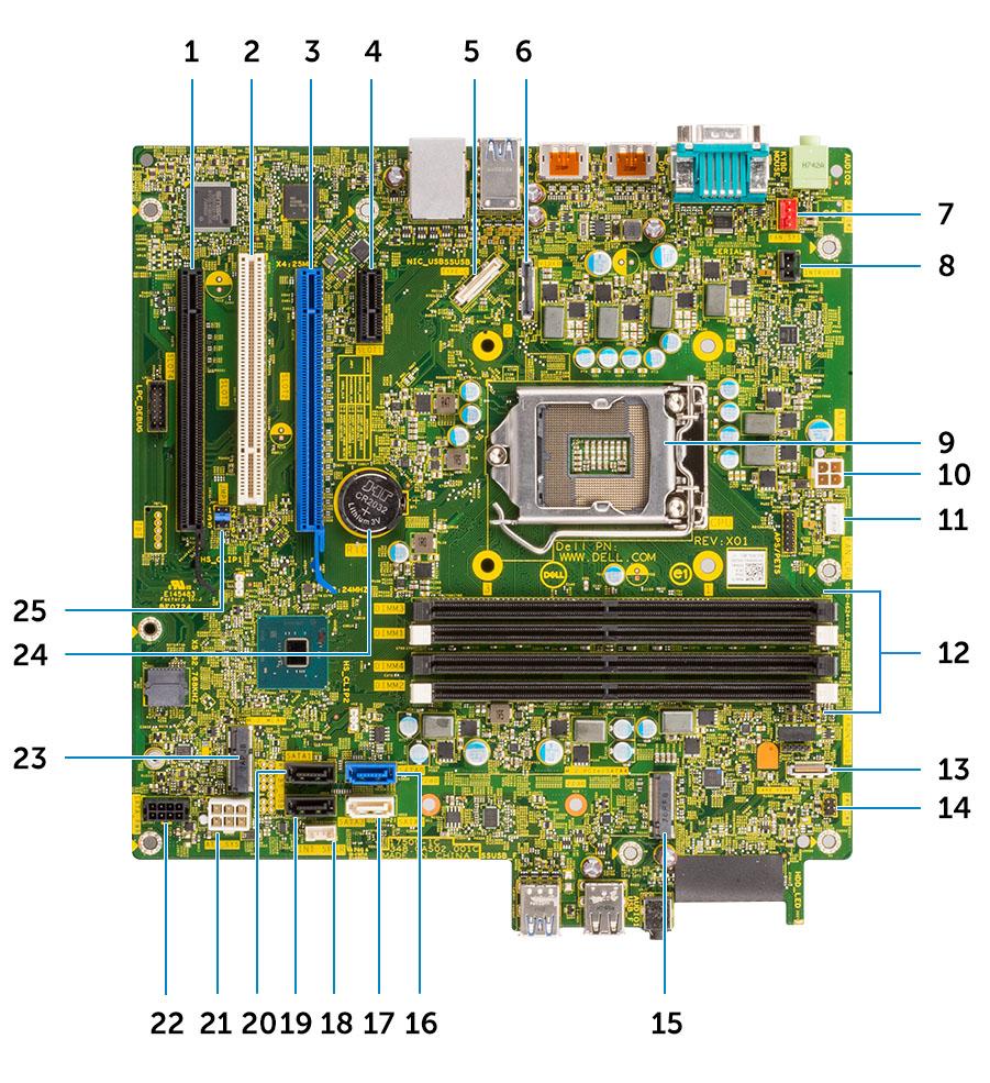 Rozložení základní desky v systému typu Tower 1 Slot PCIe-x16, zapojeno jako x4 (Slot4) 2 Konektor PCI (Slot3) 3 Konektor PCI-e x16 (Slot2) 4 Konektor PCI-eX1 (Slot1) 5 Konektor USB typu C,