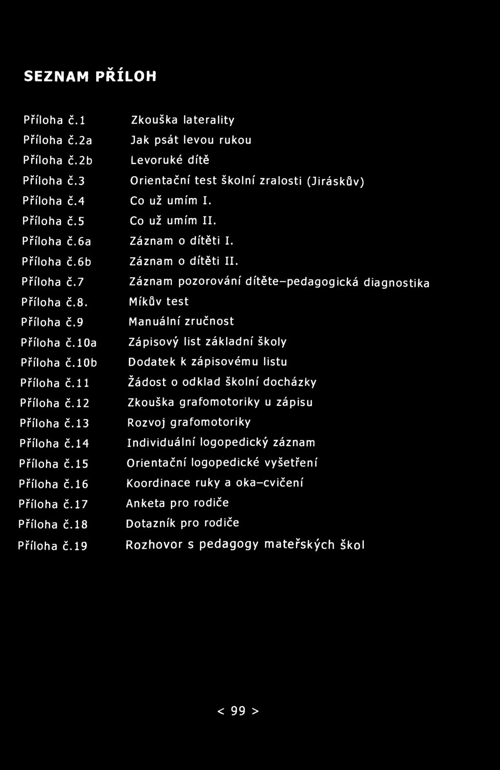 SEZNAM PŘÍLOH Příloha č.l Zkouška laterality Příloha č.2a Příloha č.2b Příloha č.3 Jak psát levou rukou Levoruké dítě Orientační test školní zralosti (Jiráskův) Příloha č.4 Co už umím I. Příloha č.5 Co už umím II.