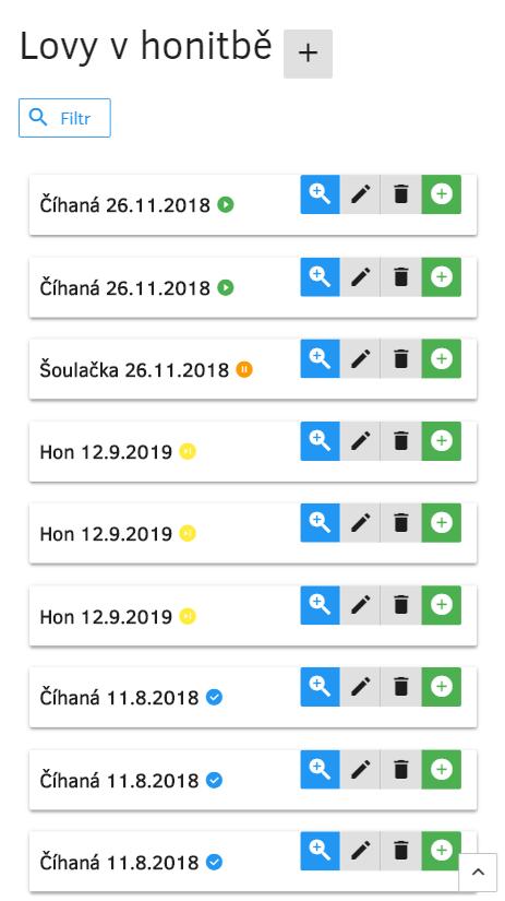 Obrázek 22: Mock up - Seznam lovů v honitbě (mobilní verze) Zdroj: Vlastní