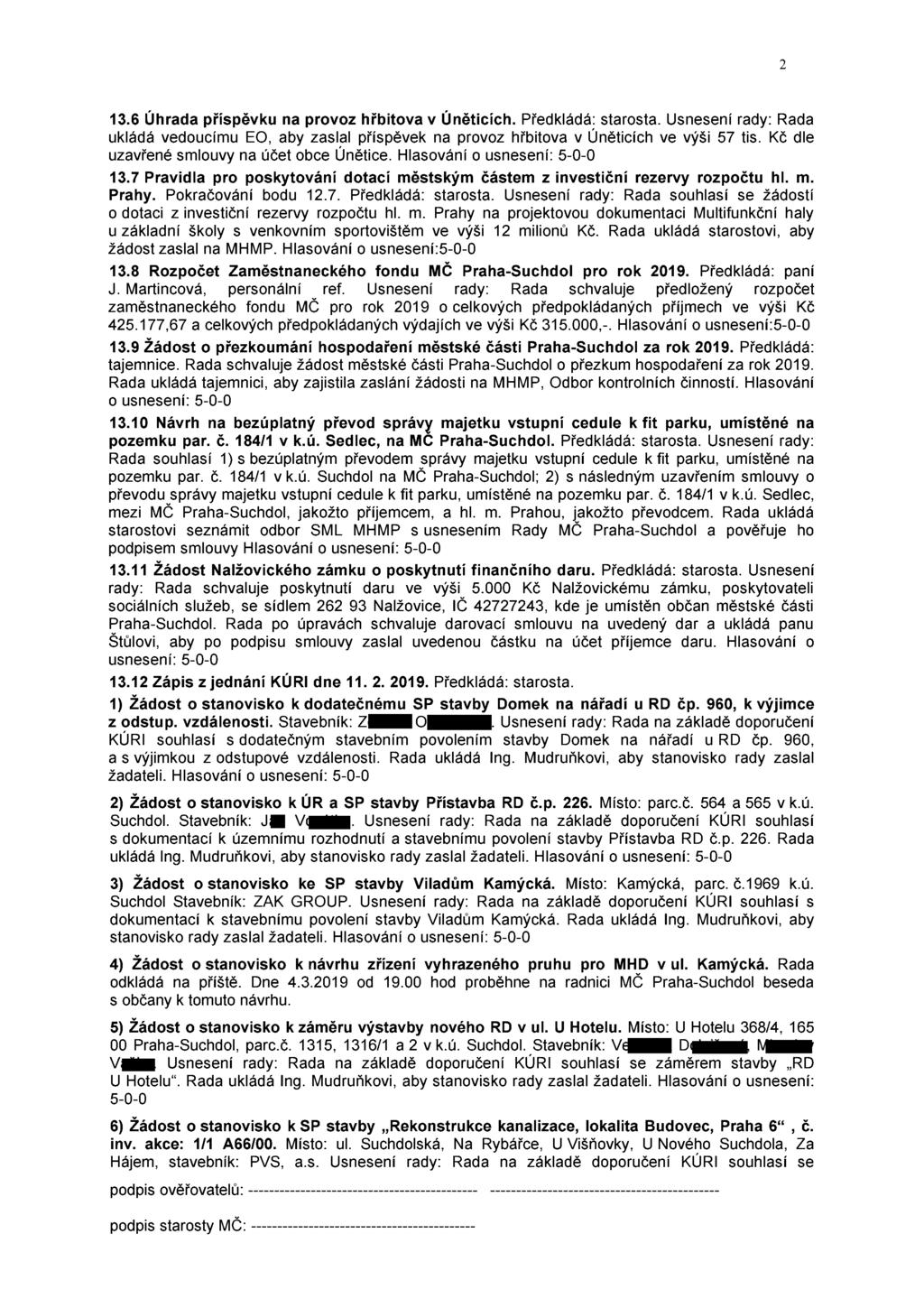 13.6 Úhrada příspěvku na provoz hřbitova v Úněticích. Předkládá; starosta. Usnesení rady: Rada ukládá vedoucímu EO, aby zaslal příspěvek na provoz hřbitova v Uněticích ve výši 57 tis.