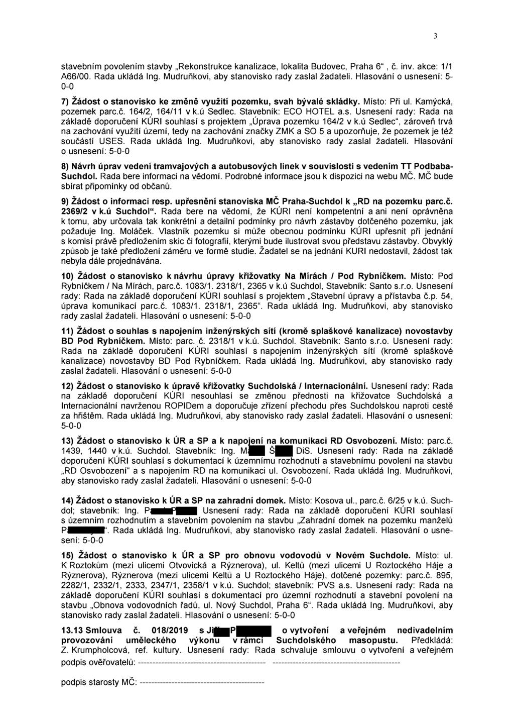 stavebním povolením stavby Rekonstrukce kanalizace, lokalita Budovec, Praha 6, č. inv. akce: 1/1 A66/00. Rada ukládá lng. Mudruňkovi, aby stanovisko rády zaslal žadateli.