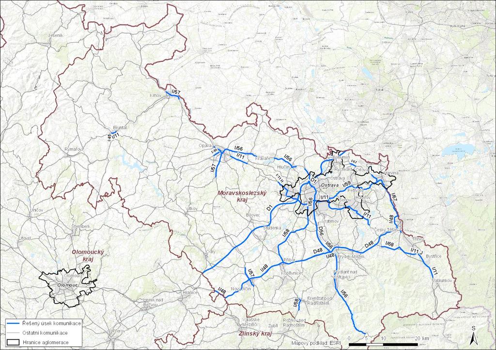 Obr. 3: Situace řešených úseků hlavních pzemních kmunikací v Mravskslezském kraji
