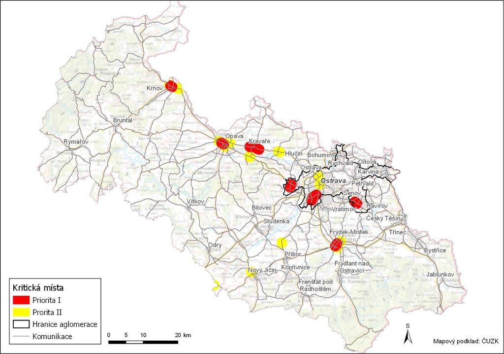 Obr. 4: Situace kritických míst v Mravskslezském kraji a aglmeraci Ostrava s