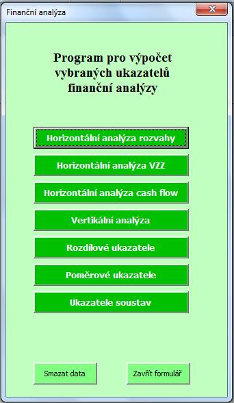 Na obrázku č. 6 je zobrazeno titulní okno programu. Obrázek č. 6: Titulní okno programu Finanční analýza Zdroj: vlastní zpracování 3.