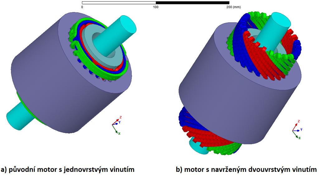 3D model jsem vytvořil pouze pro porovnání ztrát při různých natočeních stávajícího počtu rotorových tyčí, neboť toto nemohlo být reálně vyrobeno z časových a ekonomických důvodů. Obrázek 3.