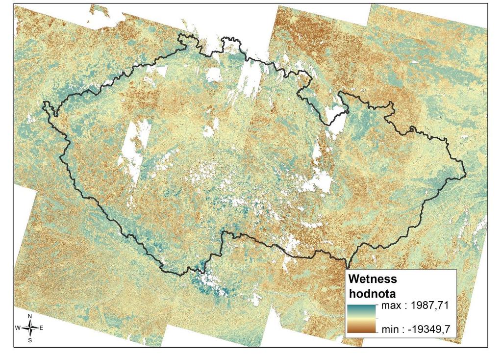 Výpočet spektrálních vegetačních indexů Hodnoty indexu Wetness v roce 2015. Ukázka dat pro smrkové porosty (C1).