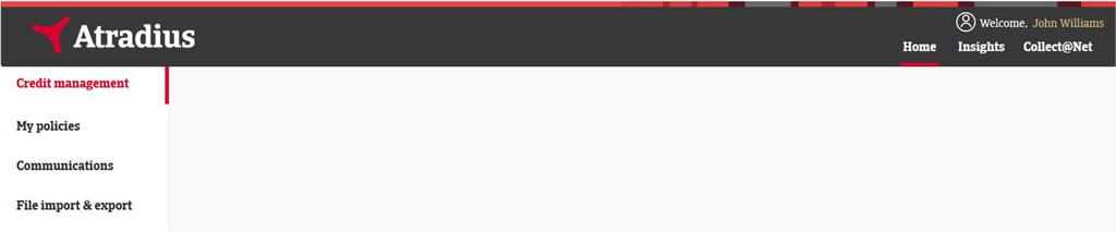 Menu v levé části nabízí čtyři položky Správa pohledávek (Credit management), Pojistné smlouvy (My policies), Upozornění a požadavky k vyřízení (Communications) a Hromadné nahrání a export dat (File