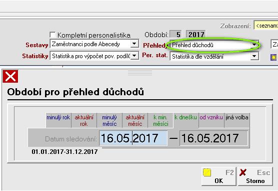 K jednomu zaměstnanci můžete zadat neomezený počet různých typů důchodů. Tyto jsou definovány daty platnosti a mohou se vzájemně překrývat.