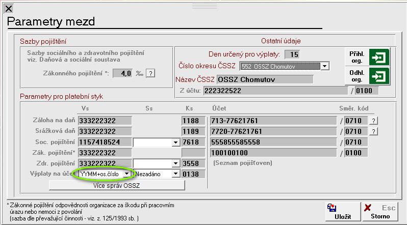 : ponecháte prázdné, bude se do příkazu k úhradě převodu mzdy na účet přenášet VS ve tvaru předvoleném v Parametrech mezd - v příkladu níže to bude tvar YYYYMM+osobní číslo - tento VS pak může