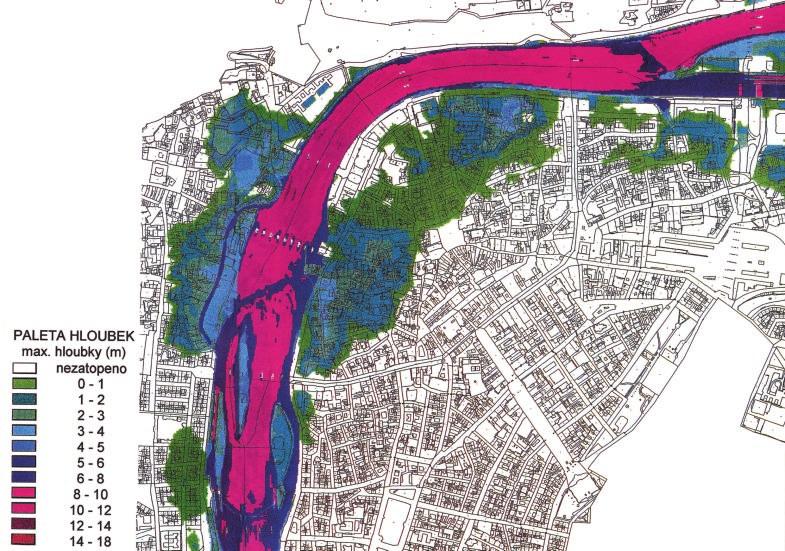 MATEMATICK POVOD OV MODEL PRAHY Mapa znázoràuje hloubky zatopení Starého Mûsta, Nového Mûsta a Malé Strany pfii kulminaci prûtoku 4 035 m 3 /s, stoleté vody ovlivnûné Vltavskou kaskádou, odvozené z