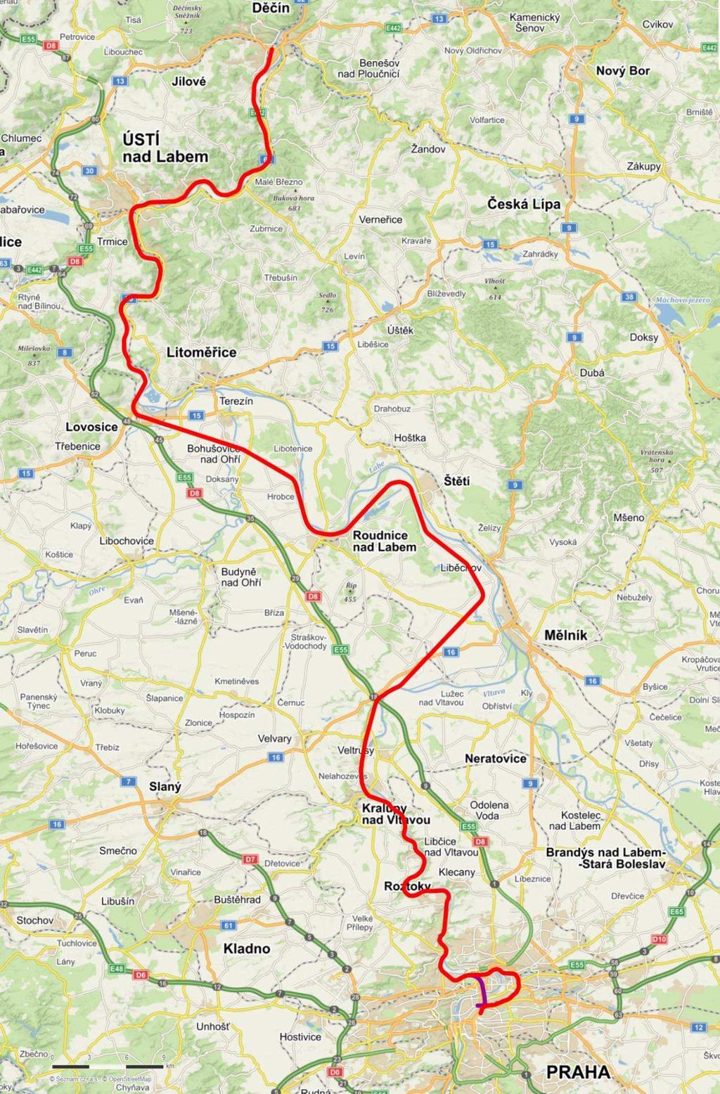 Obrázek 7: Mapa /4 vyznačena trať 00 Praha Ústí nad Labem Děčín (červeně Praha hl.n. Praha- Holešovice-Stromovka Ústí nad Labem hl.