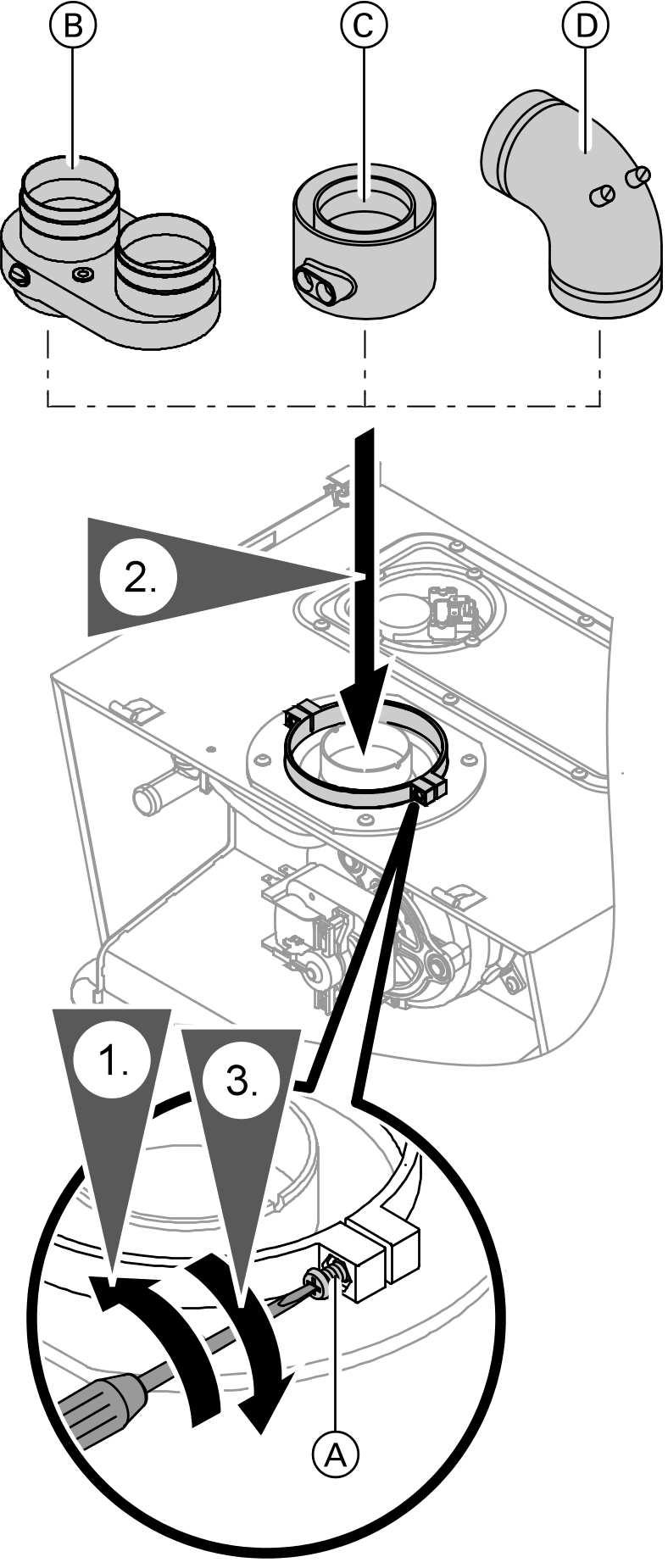 Průběh montáže Přípojka spalin (pokračování) Provoz nezávislý na vzduchu místnosti B paralelní připojovací nástavec kotle pro vertikální a horizontální instalaci odtahového systému 80/ 80 C koaxiální