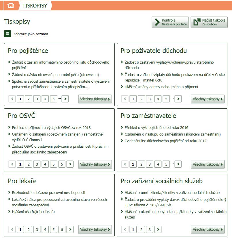 K zobrazení stránky Tiskopisy v původní podobě (s uspořádáním odkazů na tiskopisy v podobě dlaždic) se lze vrátit stisknutím ikony Zobrazit podle kategorií, zobrazené v levé části záhlaví stránky