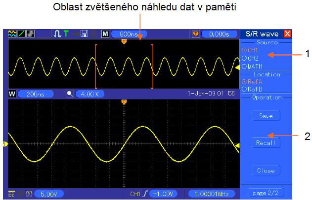 Ovladače vertikální úrovně. 1 Hlavní Main okno 2 Minor vedlejší (zvětšené) okno 3. Ovladač SEC/DIV Multifunkční ovladač V0.