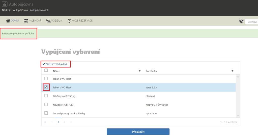Po úspěšném zadání rezervace se uživateli zobrazí seznam jeho