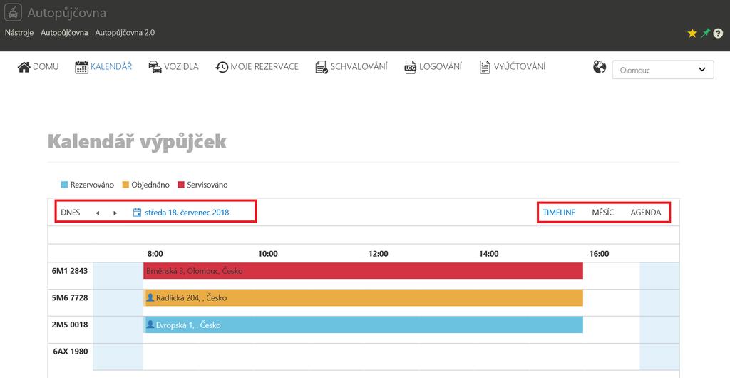 5 KALENDÁŘ VÝPŮJČEK Funkce slouží pro přehledné zobrazení obsazení vozidel. Na výběr jsou 3 typy zobrazení: Timeline, Měsíc a Agenda.