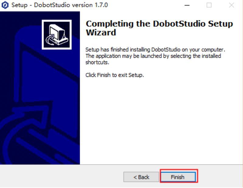 Krok 6 Klikněte na Další (Next) pro pokračování v instalaci DobotStudia. Po úspěšné instalaci se zobrazí okno Completing the DobotStudio Setup Wizard.
