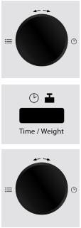 Nastavení doby vaření Nastavte dobu vaření tím, že otočíte otočný regulátor Čas/Menu.