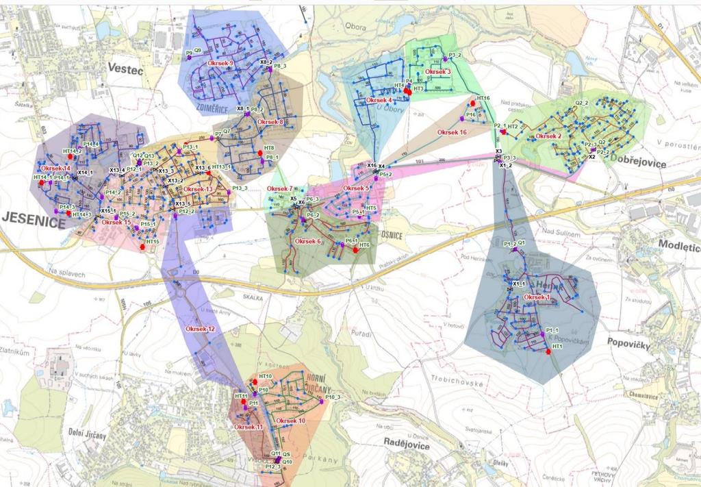 4. Distribuce úniků Distribuce úniků na vodovodní síti byla založena na segmentaci sítě na 16 okrsků dle plánu měrné kampaně a měření poklesů nočních nátoků během jejich provádění.