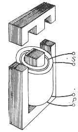 Příklad 10_9: Jednofázový plášťový transformátor (viz obr.) má primární vinutí s 1000 závity připojeno na harmonické napětí 220 V, 50 Hz. Sekundární vinutí má 4000 závitů.