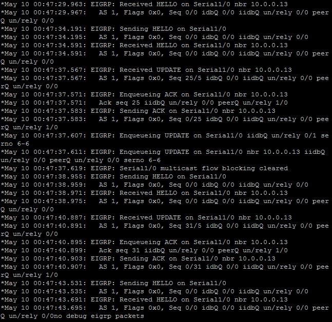 5 Závěr Obr. 4.: Výpis z konzole při příkazu debug eigrp packets V rámci projektu jsme měli možnost vyzkoušet jak fyzických zařízení v laboratoři, tak i simulace prostřednictvím softwaru GNS3.