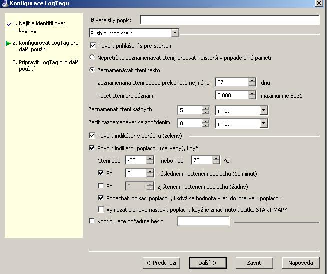 6.1.1. Před každým použitím musí být teplotní čidlo konfigurováno v programu LogTag Analyser.