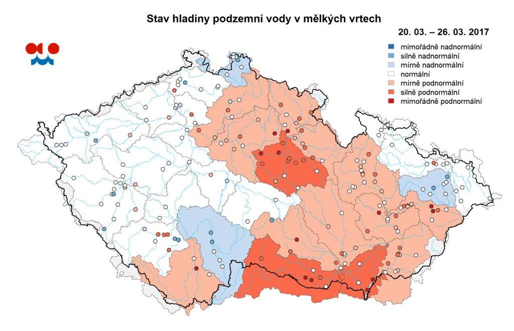 E. Podzemní vody Stav podzemních vod je hodnocen podle pravděpodobnosti překročení hladiny ve vrtu v příslušném týdnu.