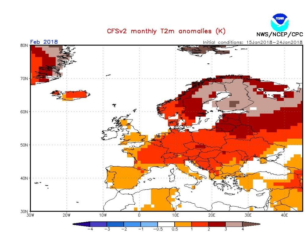 METEOZPRÁVY Obr. 3 Teplotní odchylky na leden 2018 dle modelu CFS dle stavu k 30.12.2017, zdroj: ncep.noaa.