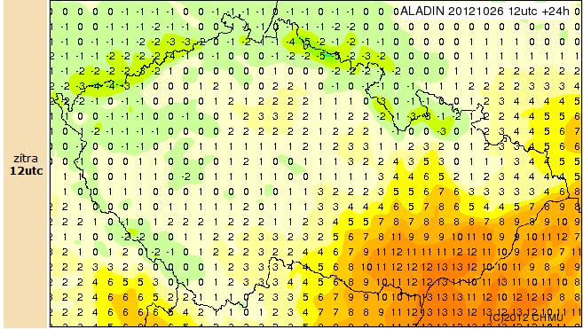 JZ až +1 C, naopak na SV/V -9 až -5 C", zdroj: wetterzentrale.