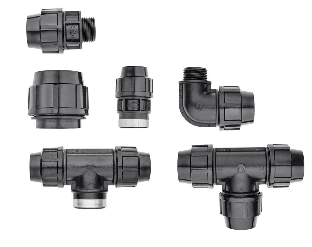 SVĚRNÉ SPOJKY ŠROUBOVACÍ PRO POTRUBÍ Z PE pro montáž vodovodních sítí a instalací MATERIÁL polyetylen POUŽITÍ pro montáž vnitřních instalací a vodovodních sítí z polyetylenového potrubí