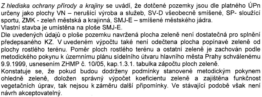 Stromy ve zpevnìné ploše je možné zapoèíst pouze 25 % zapoèítávané plochy zelenì na rostlém terénu. Konstatuje se, že zámìr je z hlediska zelenì v nesouladu se smìrnou èástí ÚPn.