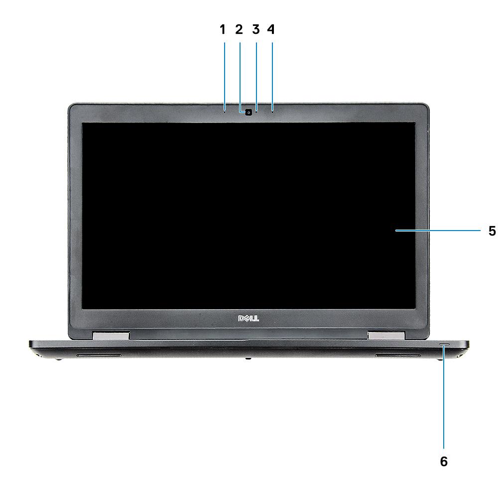 2 Pohled na šasi Front open view 1 Array microphone 2 Camera (optional) 3 Camera status light (optional) 4 Array microphone 5 LCD