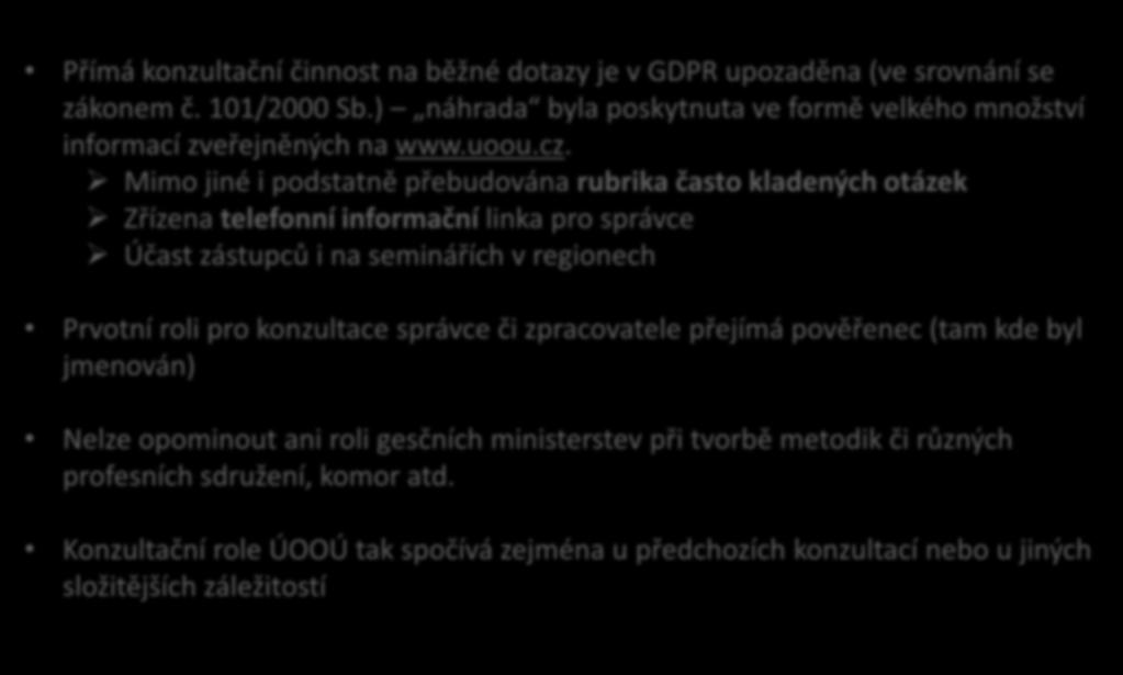 Konzultační činnost Přímá konzultační činnost na běžné dotazy je v GDPR upozaděna (ve srovnání se zákonem č. 101/2000 Sb.